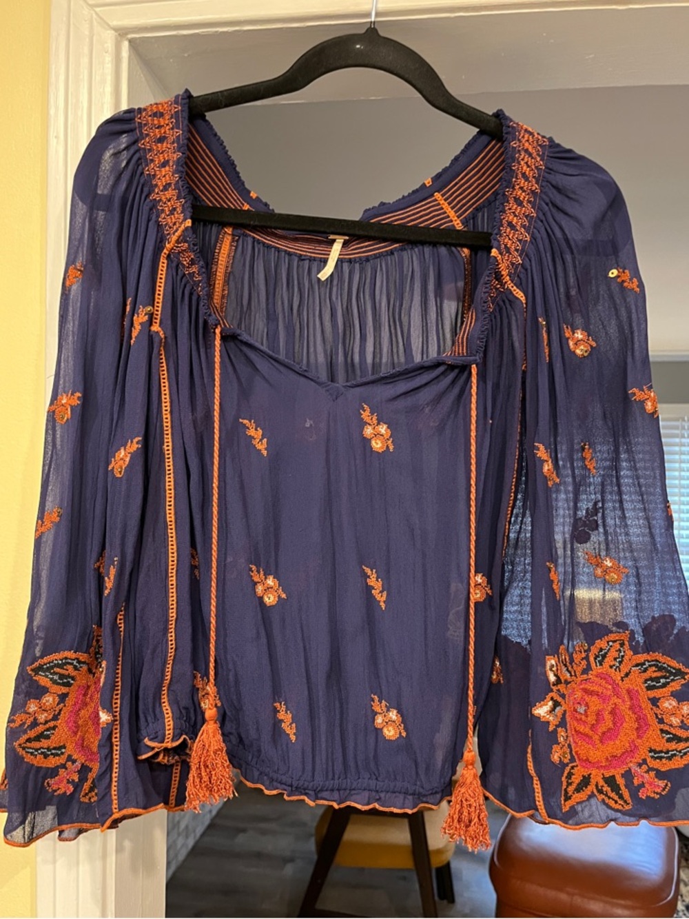 Free People Navy Peasant Blouse with Orange Embroidery Size XS